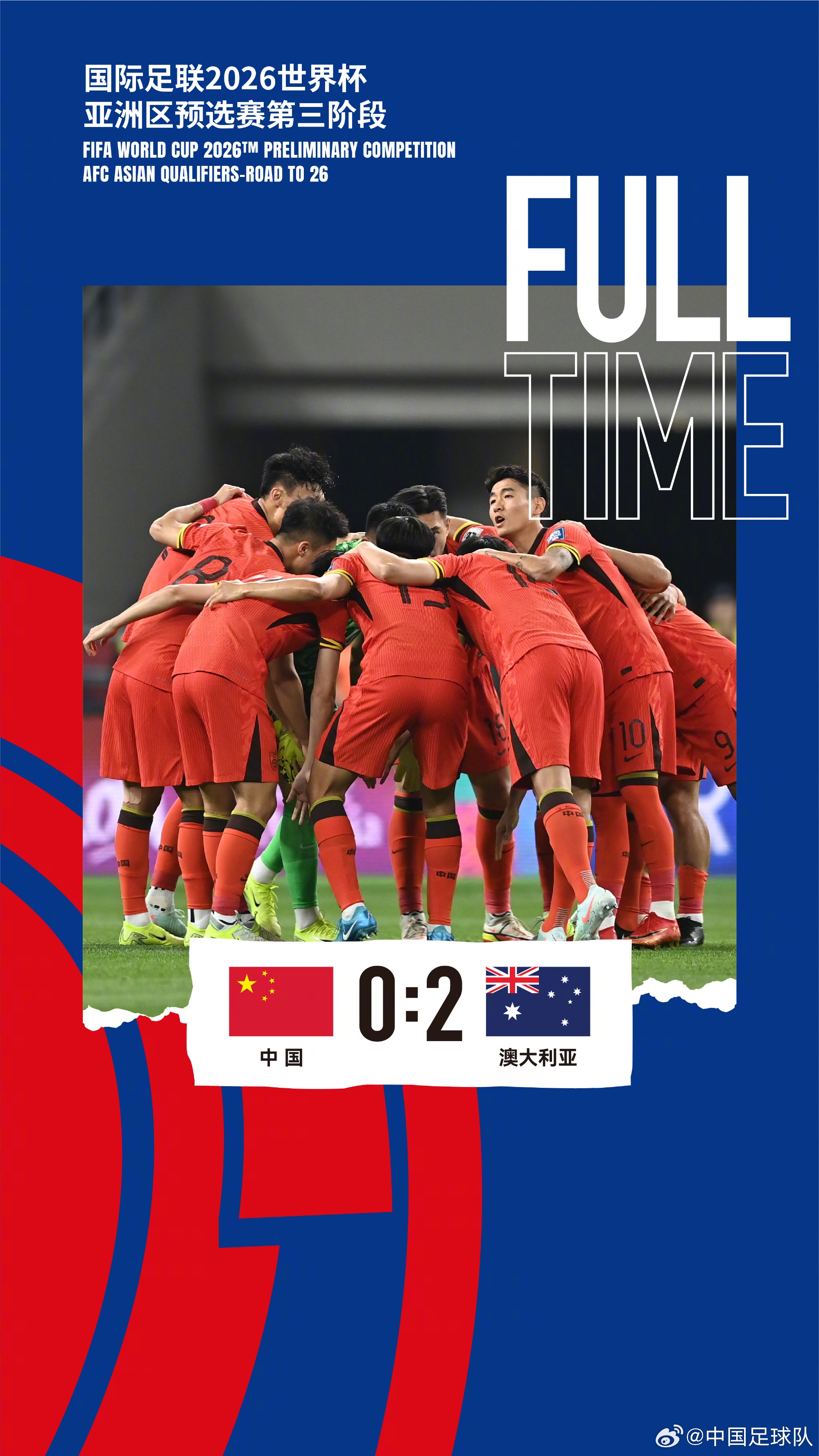 美加墨世界杯亞洲區(qū)預(yù)選賽第三階段第八輪，中國隊(duì)0-2澳大利亞隊(duì)